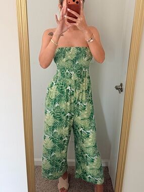 Strapless Green Tropical Print Jumpsuit - Soft, Stretchy, and has pockets!